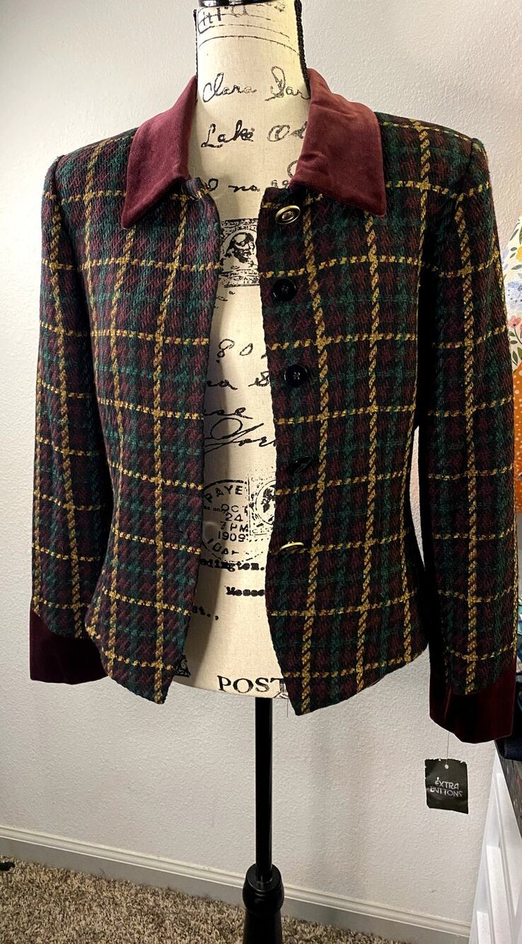 Kasper ASL Plaid Blazer Jacket Womens Sz 6 Red Green Wool Blend Dark Academia